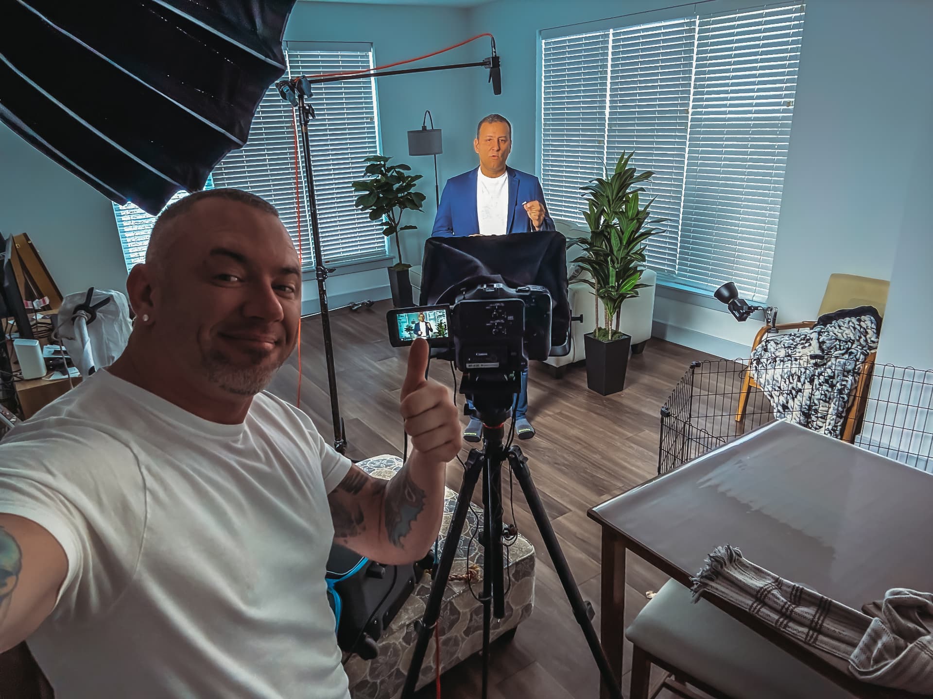 Directing a client on camera in the studio